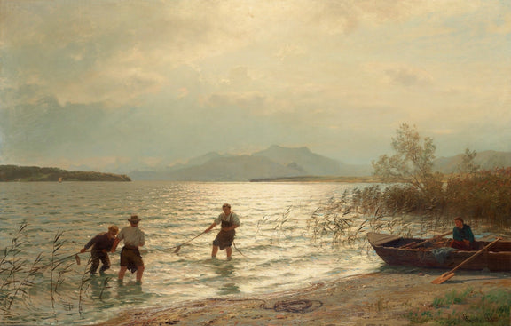 Fishermen Working Along a Sunlit Lakeshore – Hand - Painted Oil Painting - Oil Painting Haven