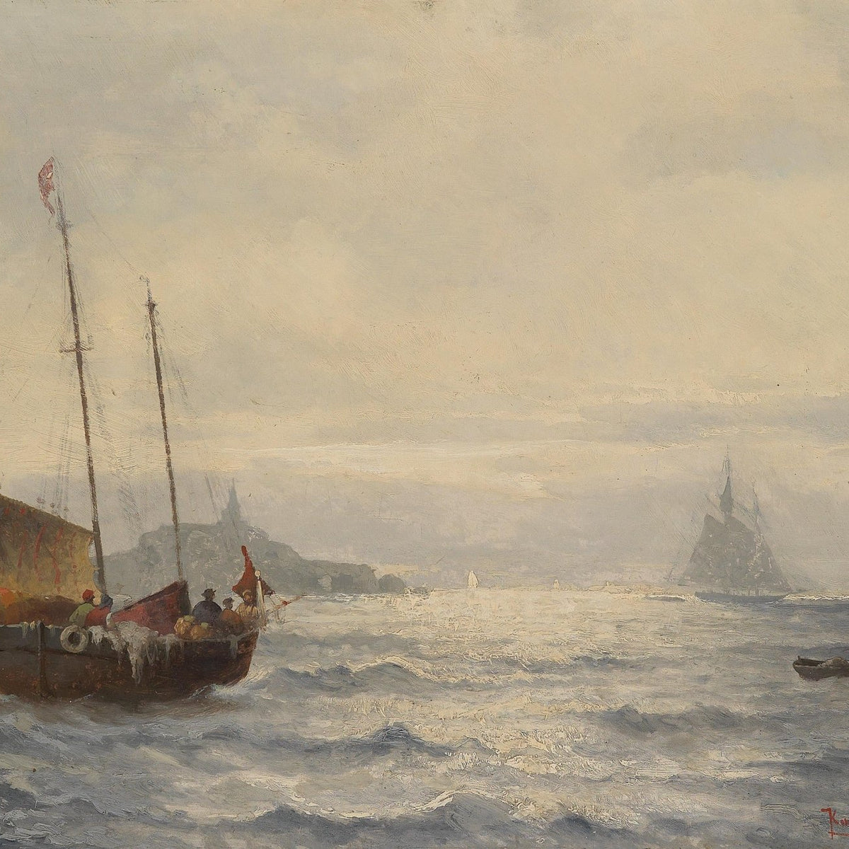Hand-painted fishing boat in silver sea light nautical oil painting on canvas