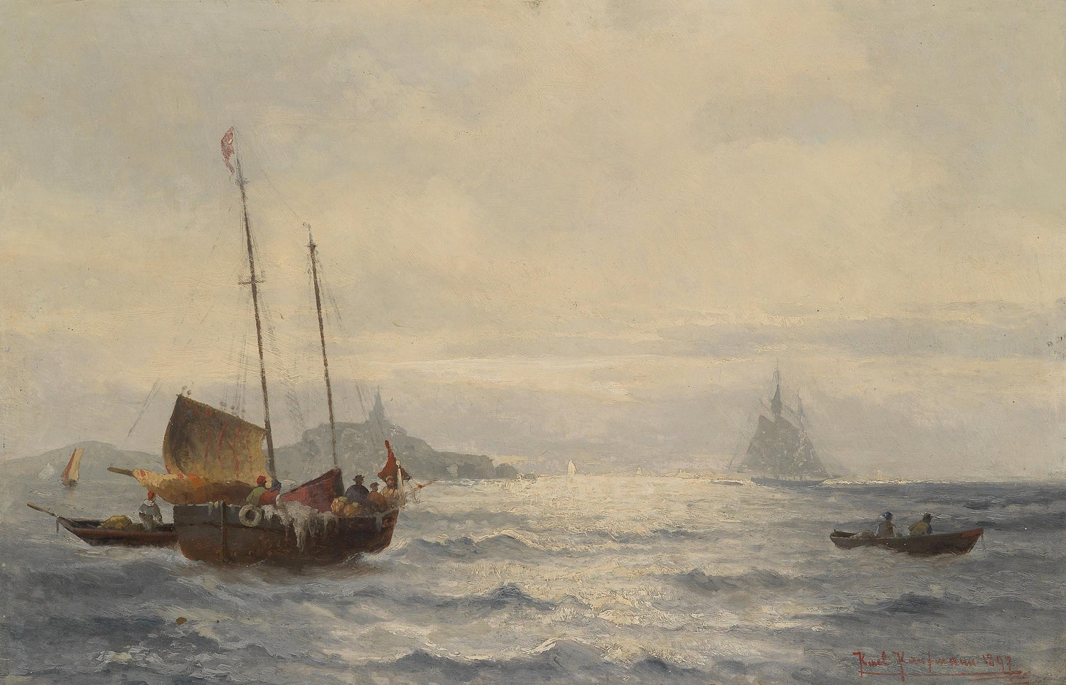 Hand-painted fishing boat in silver sea light nautical oil painting on canvas