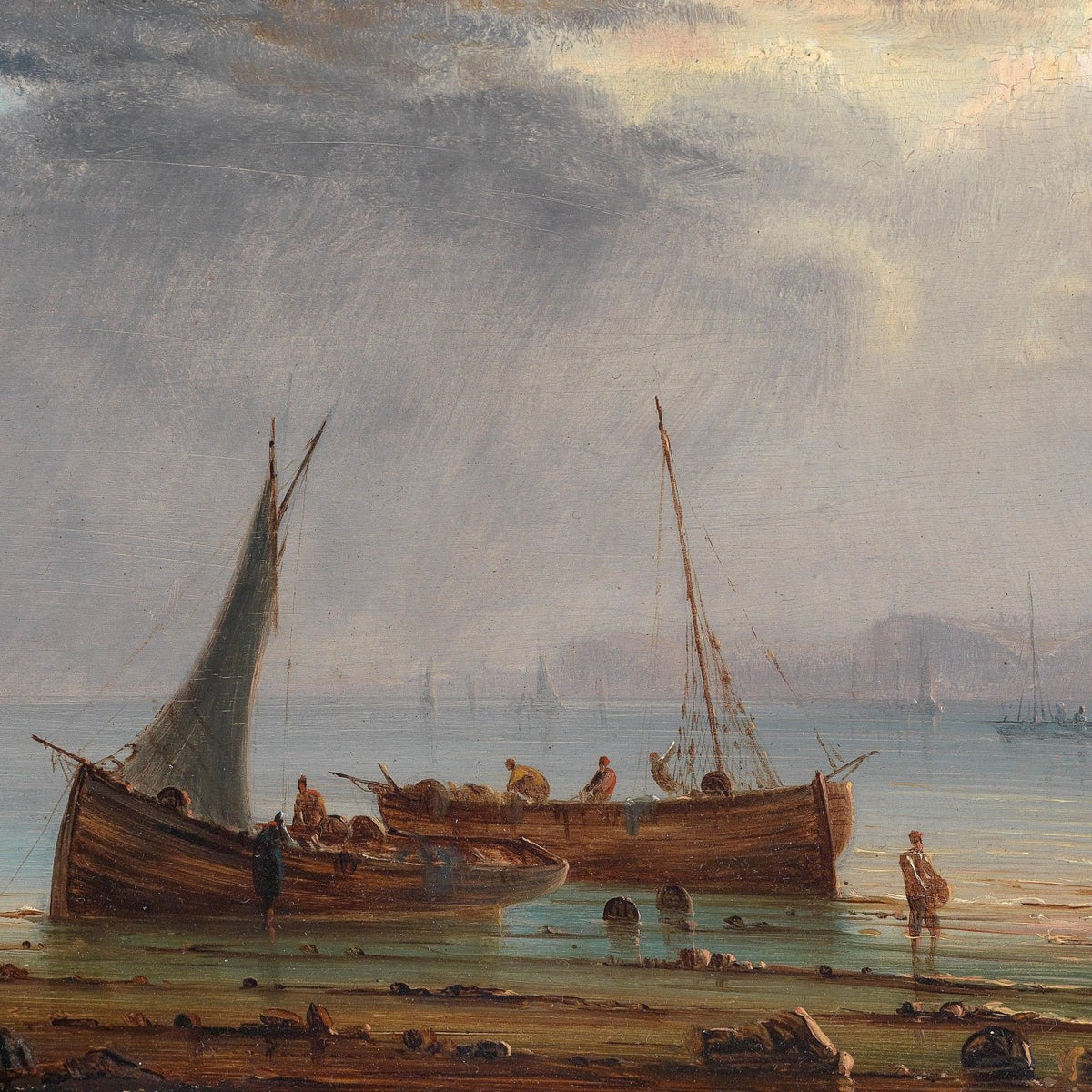 Hand-painted fishing boats at low tide nautical oil painting on canvas