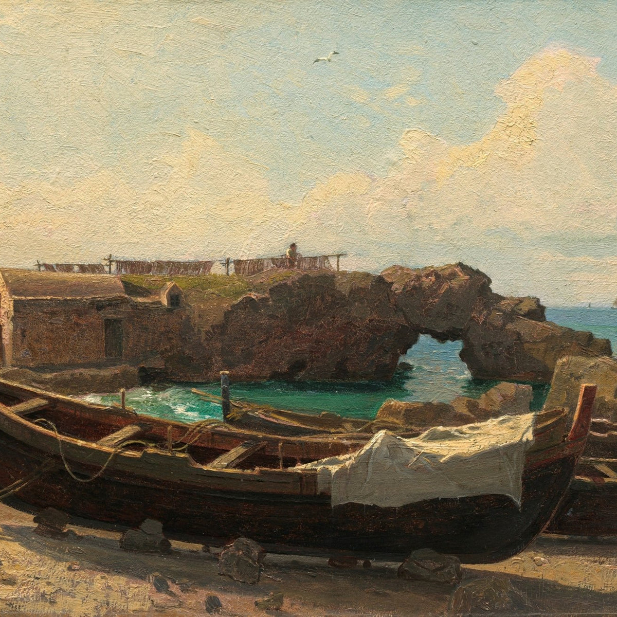 Landscape oil painting of fishing boats resting by a coastal rock arch, textured brushwork on oil on canvas, hand painted. - Add Frame, Boat, Canvas, Coastal, Hand Painted, Landscape, Made To Order, Oil Painting, Seascape