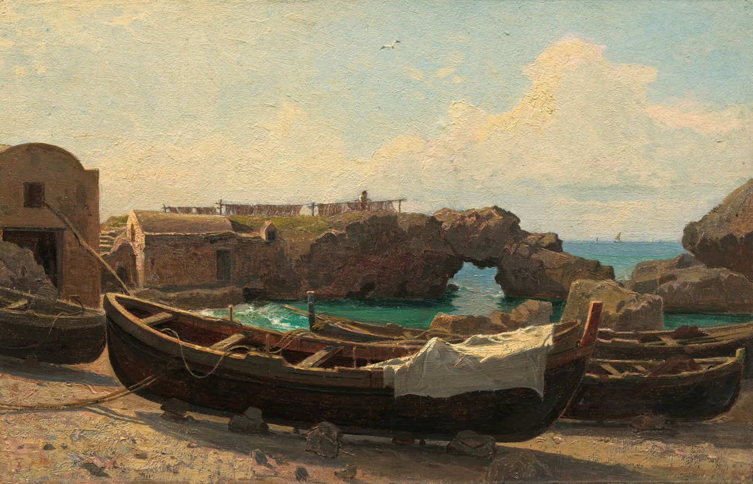 Landscape oil painting of fishing boats resting by a coastal rock arch, textured brushwork on oil on canvas, hand painted. - Add Frame, Boat, Canvas, Coastal, Hand Painted, Landscape, Made To Order, Oil Painting, Seascape
