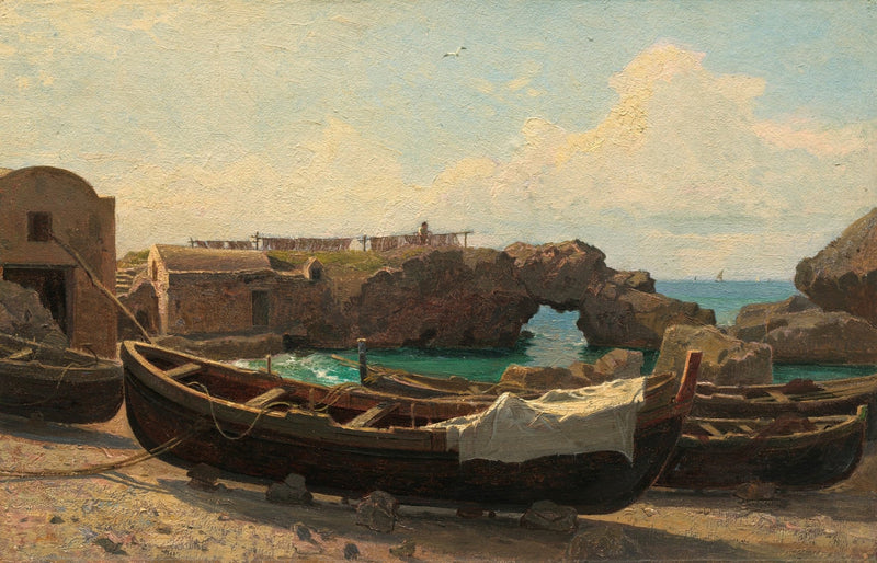 Landscape oil painting of fishing boats resting by a coastal rock arch, textured brushwork on oil on canvas, hand painted. - Add Frame, Boat, Canvas, Coastal, Hand Painted, Landscape, Made To Order, Oil Painting, Seascape
