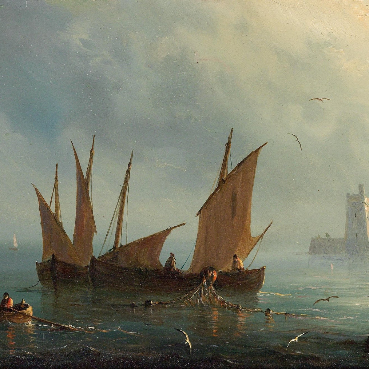 Hand-painted fishing boats in misty harbor nautical oil painting on canvas