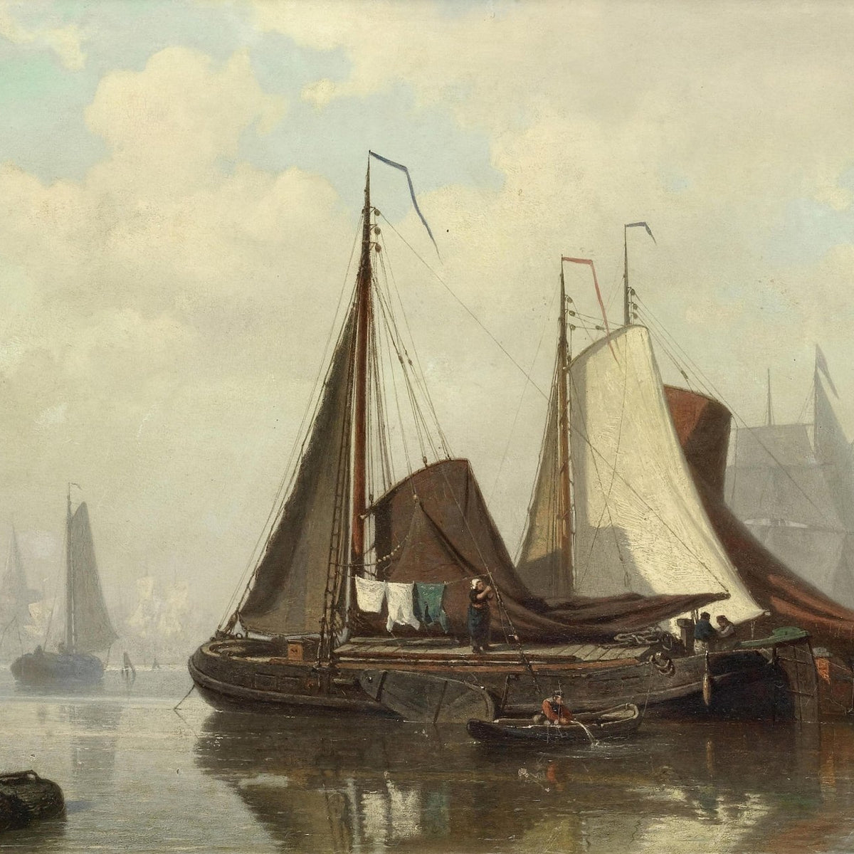 Hand-painted fishing boats in quiet harbor nautical oil painting on canvas