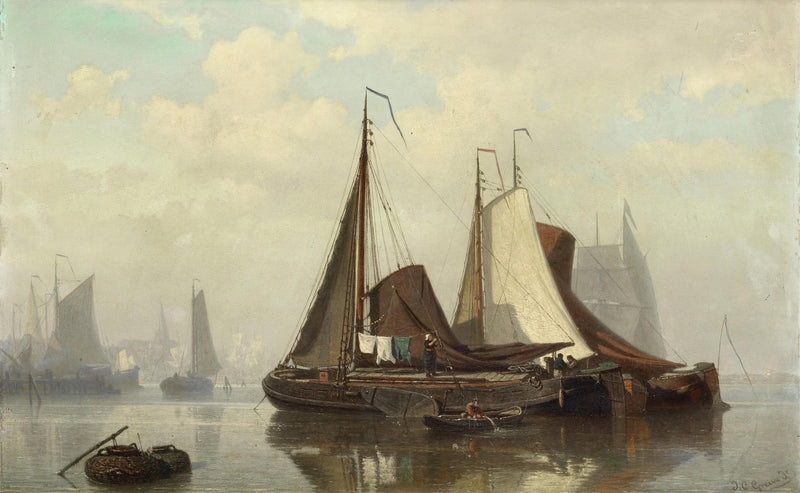 Hand-painted fishing boats in quiet harbor nautical oil painting on canvas