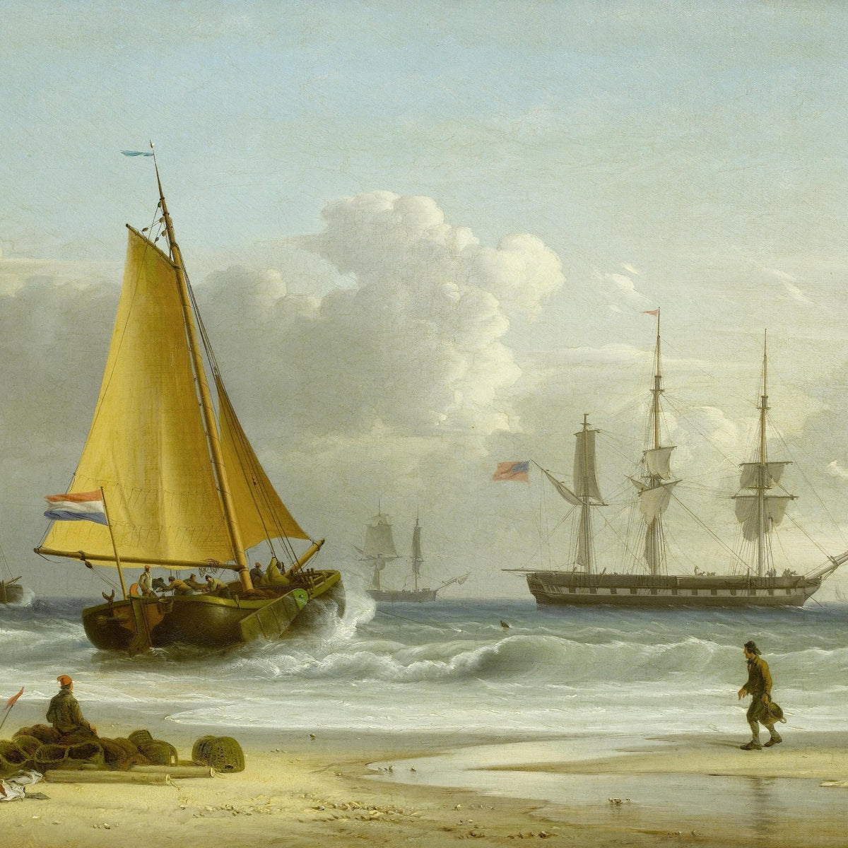 Hand-painted fishing boats on breezy shore nautical oil painting on canvas
