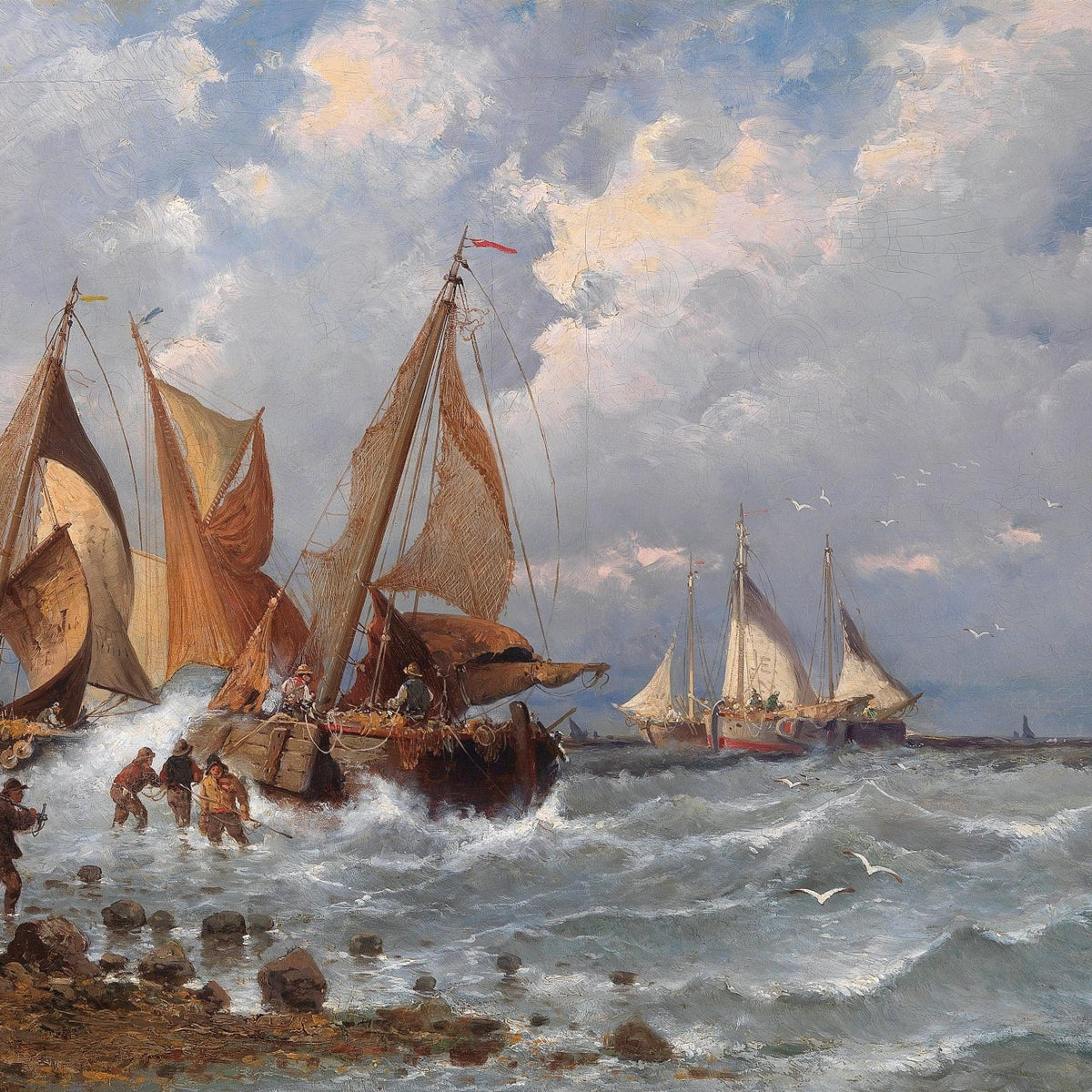Hand-painted fishing fleet in rough seas nautical oil painting on canvas