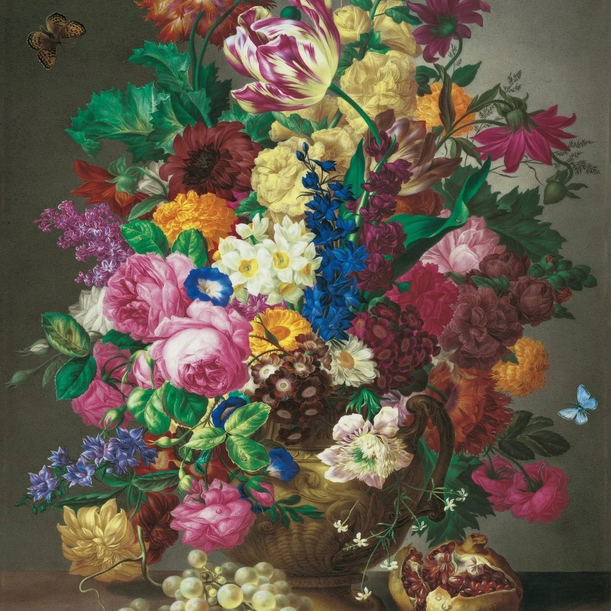 Floral Oil Painting - Abundant Bouquet with Fresh Fruits and Butterflies Art - Oil Painting Haven