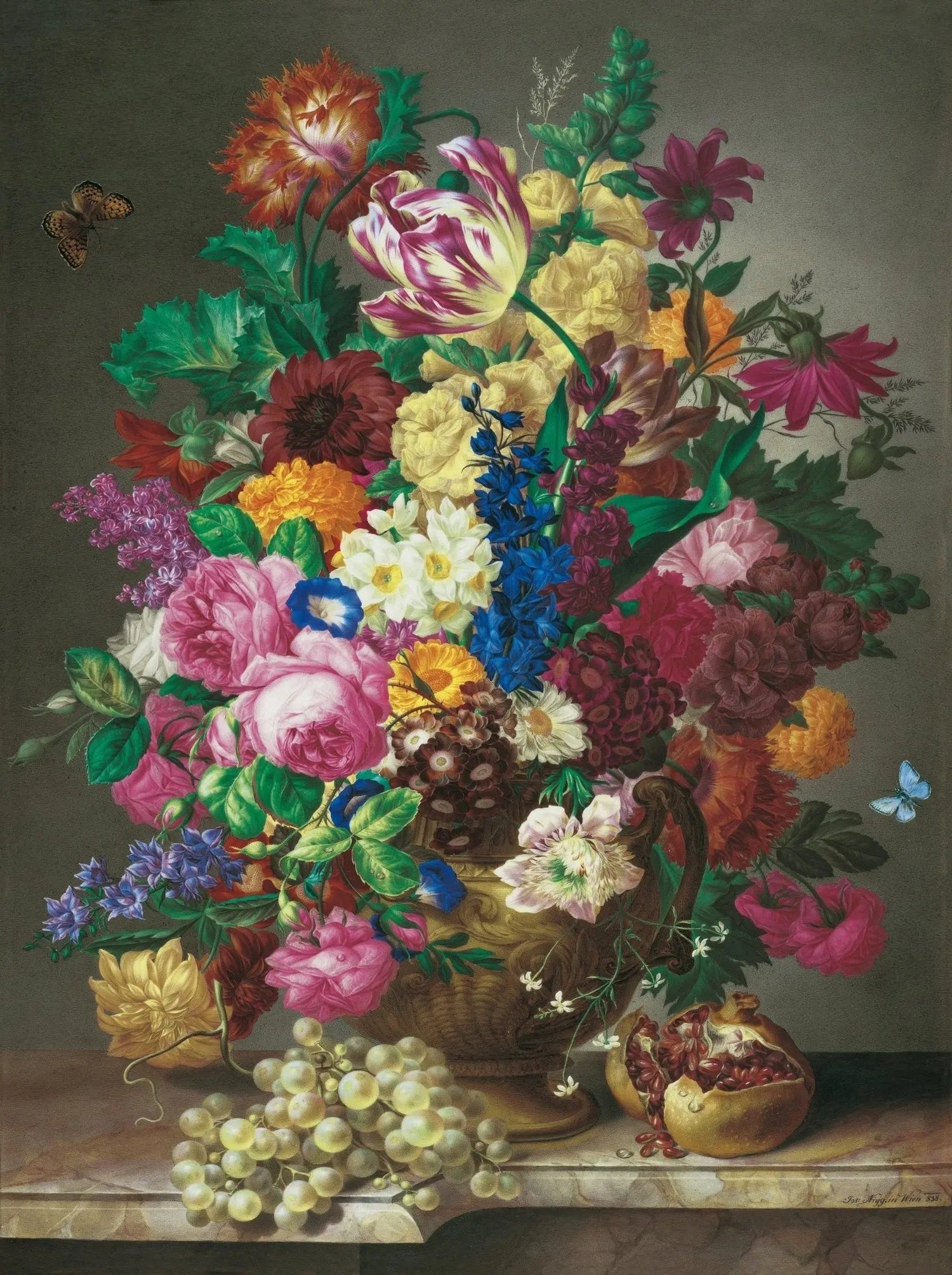 Floral Oil Painting - Abundant Bouquet with Fresh Fruits and Butterflies Art - Oil Painting Haven