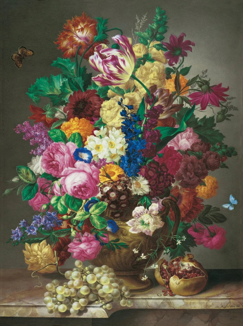 Floral Oil Painting - Abundant Bouquet with Fresh Fruits and Butterflies Art - Oil Painting Haven