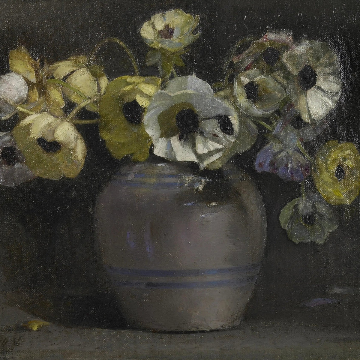 Floral Oil Painting - Anemones in Ceramic Vase - Oil Painting Haven