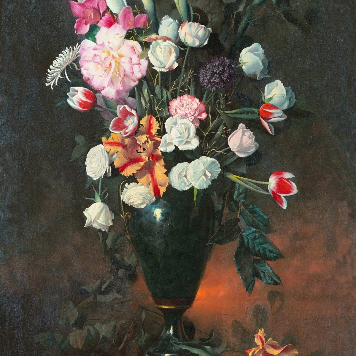 Floral Oil Painting - Assorted Flowers in Dark Vase - Oil Painting Haven