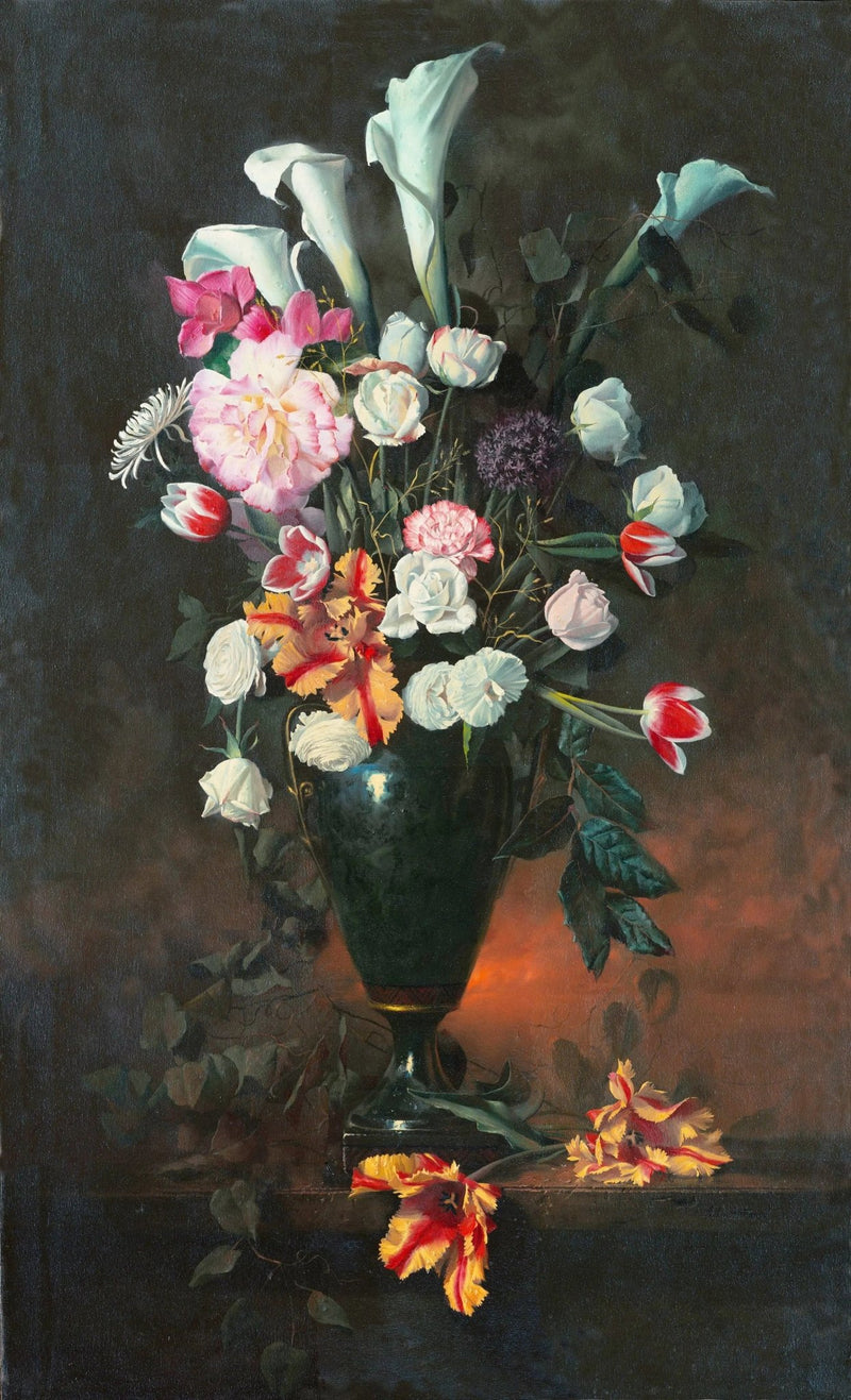 Floral Oil Painting - Assorted Flowers in Dark Vase - Oil Painting Haven