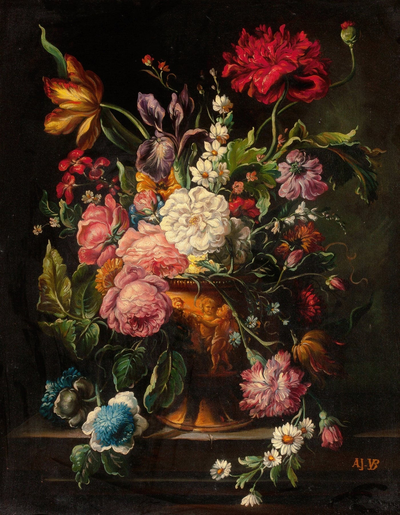 Florales Ölgemälde - Barocker Blumenstrauß in einer verzierten Vase