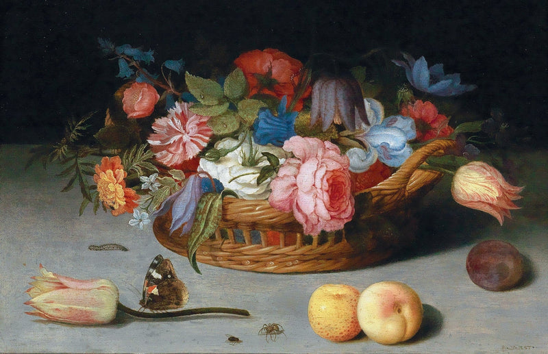 Floral Oil Painting - Basket Bouquet with Fruit Still Life Art - Oil Painting Haven