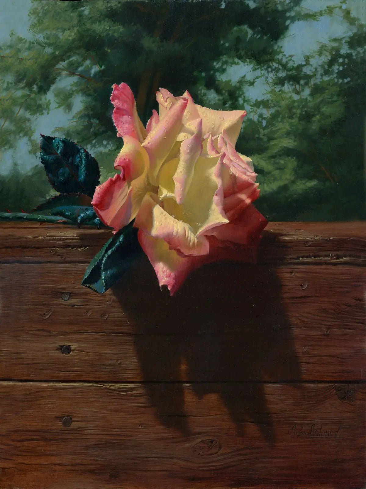 Floral Oil Painting | Bi - colored Rose on Wooden Surface - Oil Painting Haven