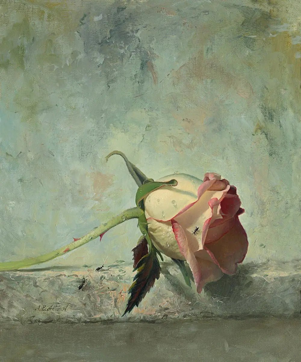 Floral Oil Painting | Bi - colored Rose with Insects - Oil Painting Haven