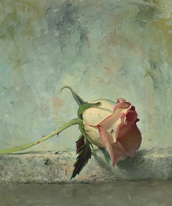 Floral Oil Painting | Bi - colored Rose with Insects - Oil Painting Haven