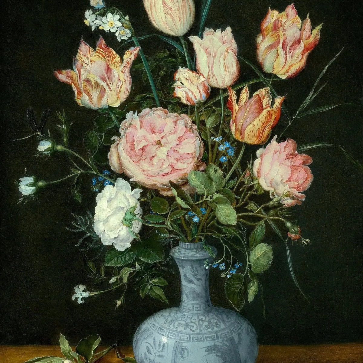 Floral Oil Painting - Bouquet in Blue Vase with Butterflies - Oil Painting Haven