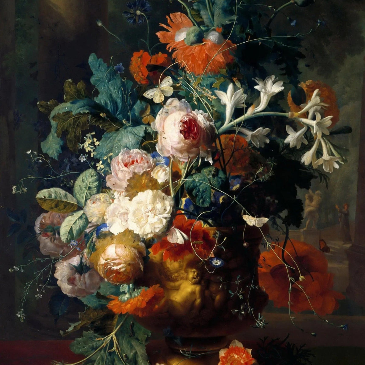 Floral Oil Painting - Bouquet in Ornate Vase with Butterflies - Oil Painting Haven