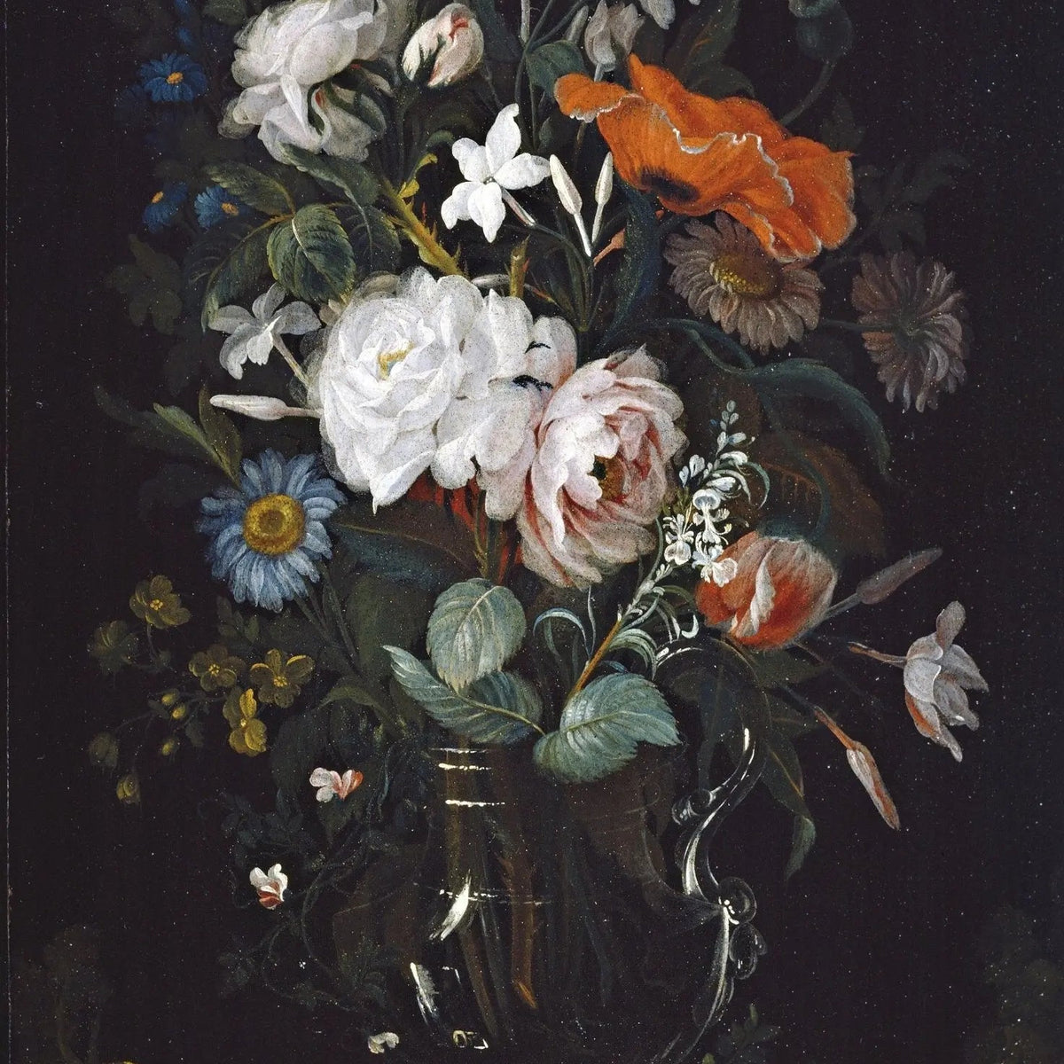 Floral Oil Painting - Bouquet in Silver Vase with Diverse Flowers - Oil Painting Haven