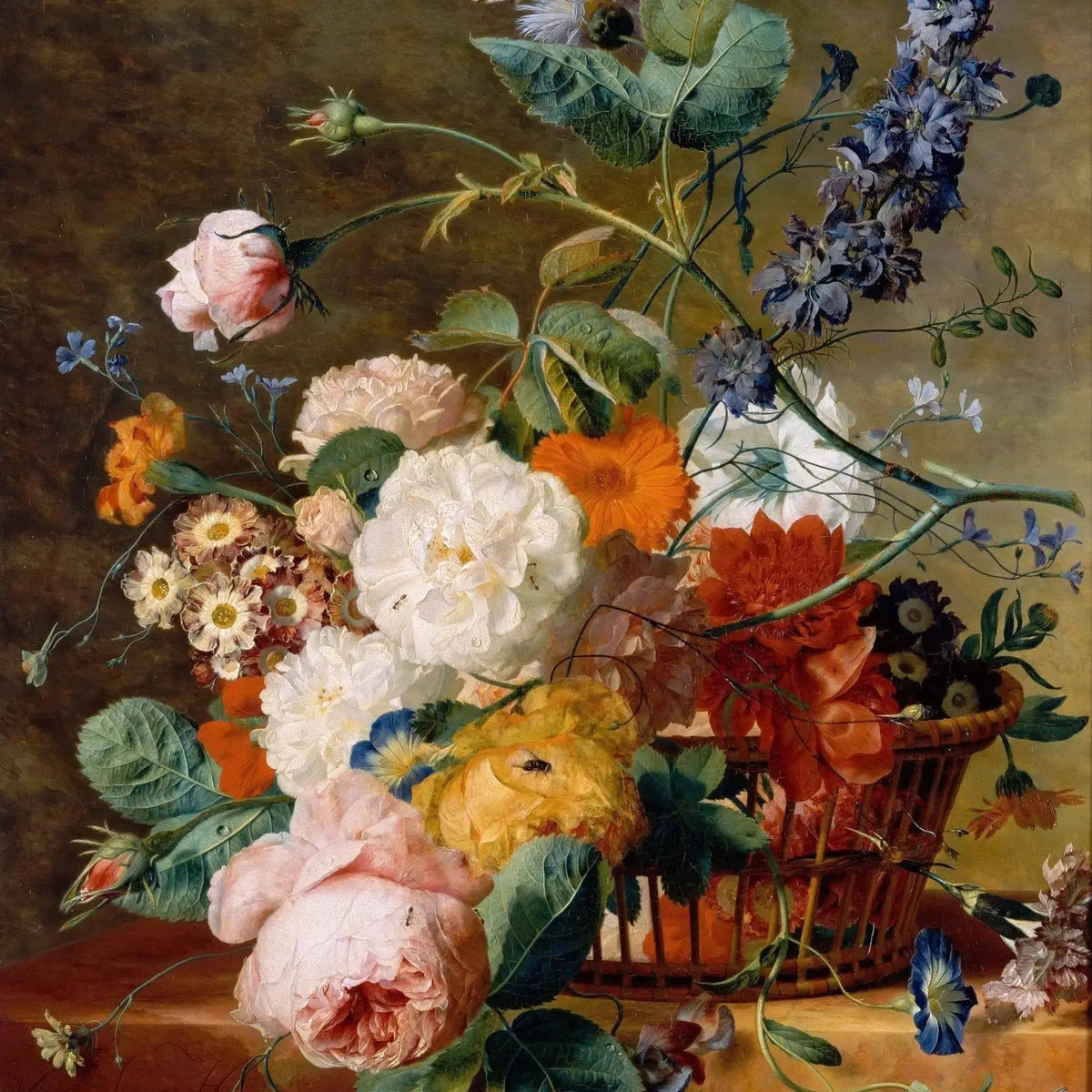 Floral Oil Painting - Bouquet in Wicker Basket with Butterflies - Oil Painting Haven