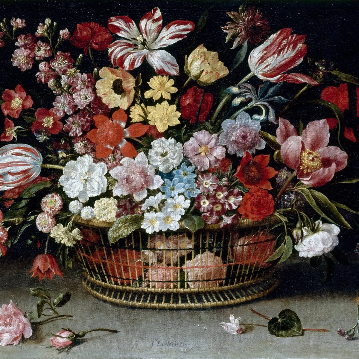 Floral Oil Painting - Bouquet in Wicker Basket with Butterfly - Oil Painting Haven