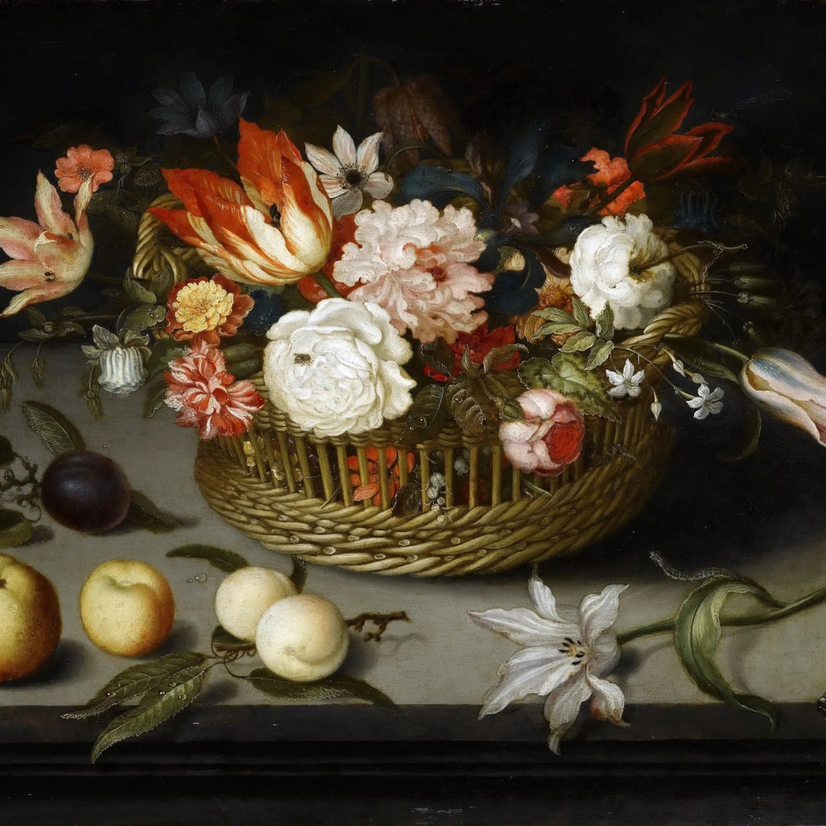 Floral Oil Painting - Bouquet in Wicker Basket with Fruit and Butterfly - Oil Painting Haven