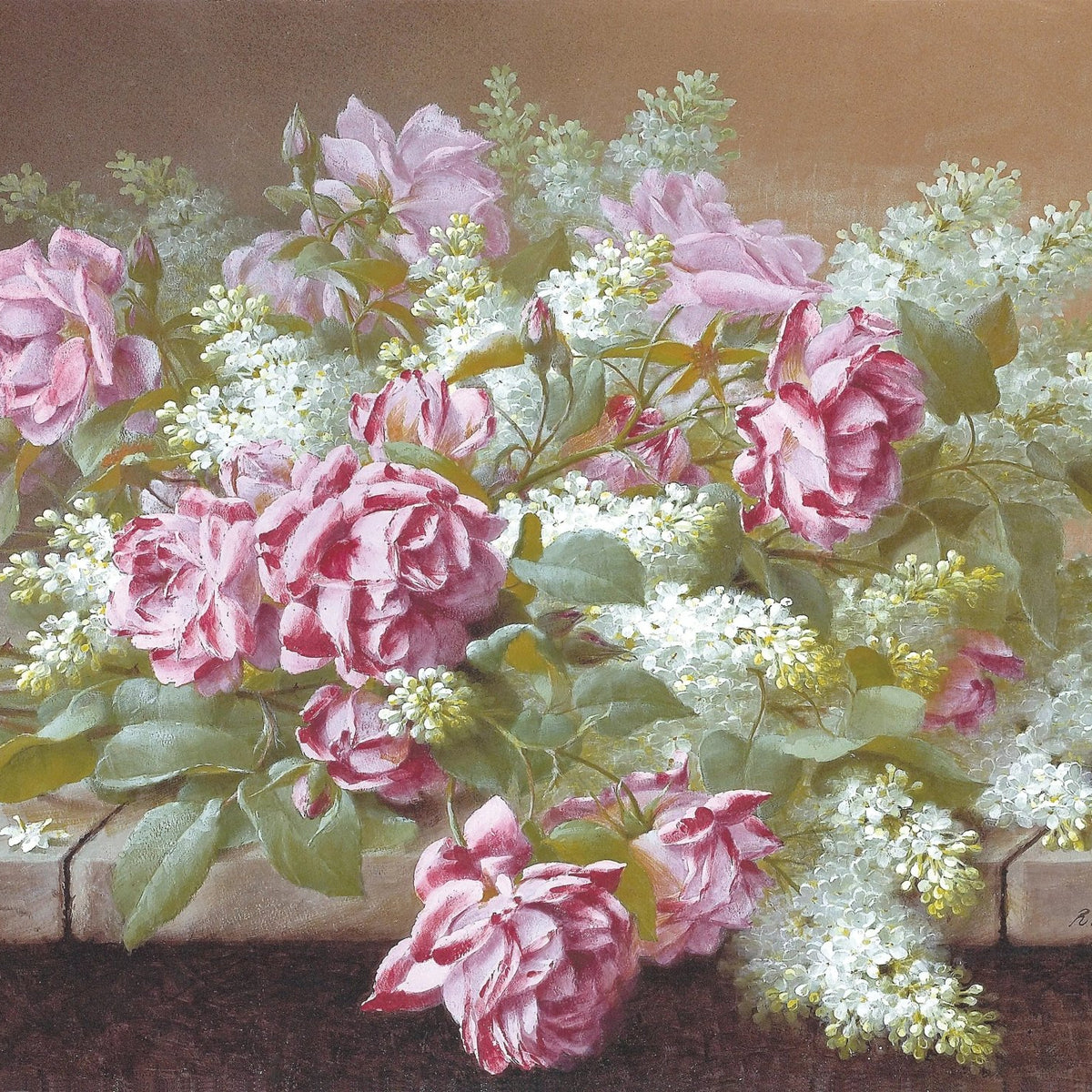 Floral Oil Painting - Bouquet of Pink Roses and White Lilacs - Oil Painting Haven