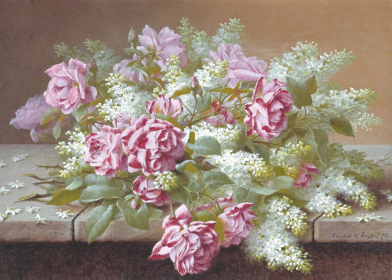 Floral Oil Painting - Bouquet of Pink Roses and White Lilacs - Oil Painting Haven