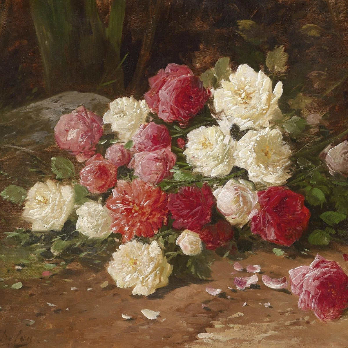 Floral Oil Painting - Bouquet of Roses on Ground - Oil Painting Haven