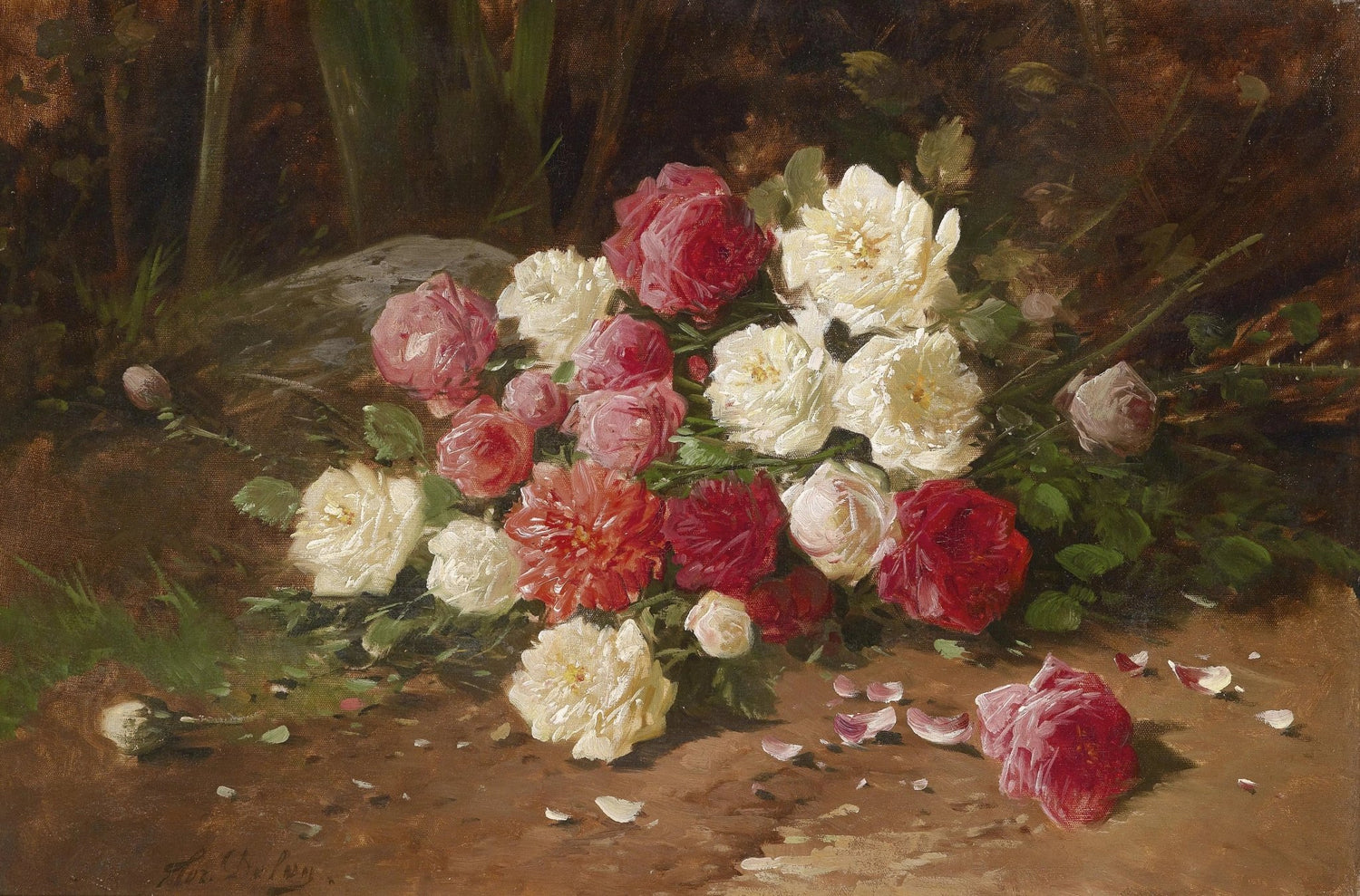 Floral Oil Painting - Bouquet of Roses on Ground - Oil Painting Haven