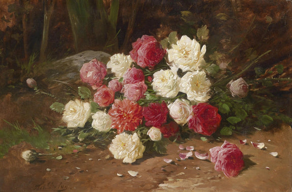 Floral Oil Painting - Bouquet of Roses on Ground - Oil Painting Haven