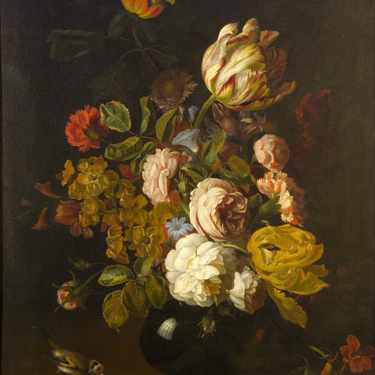 Floral Oil Painting - Bouquet with Bird and Diverse Flowers - Oil Painting Haven