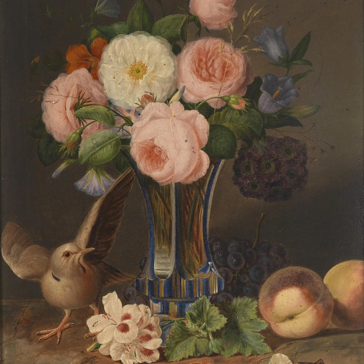 Floral Oil Painting - Bouquet with Bird and Fruits - Oil Painting Haven