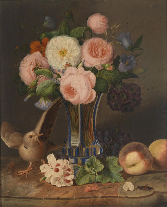 Floral Oil Painting - Bouquet with Bird and Fruits - Oil Painting Haven