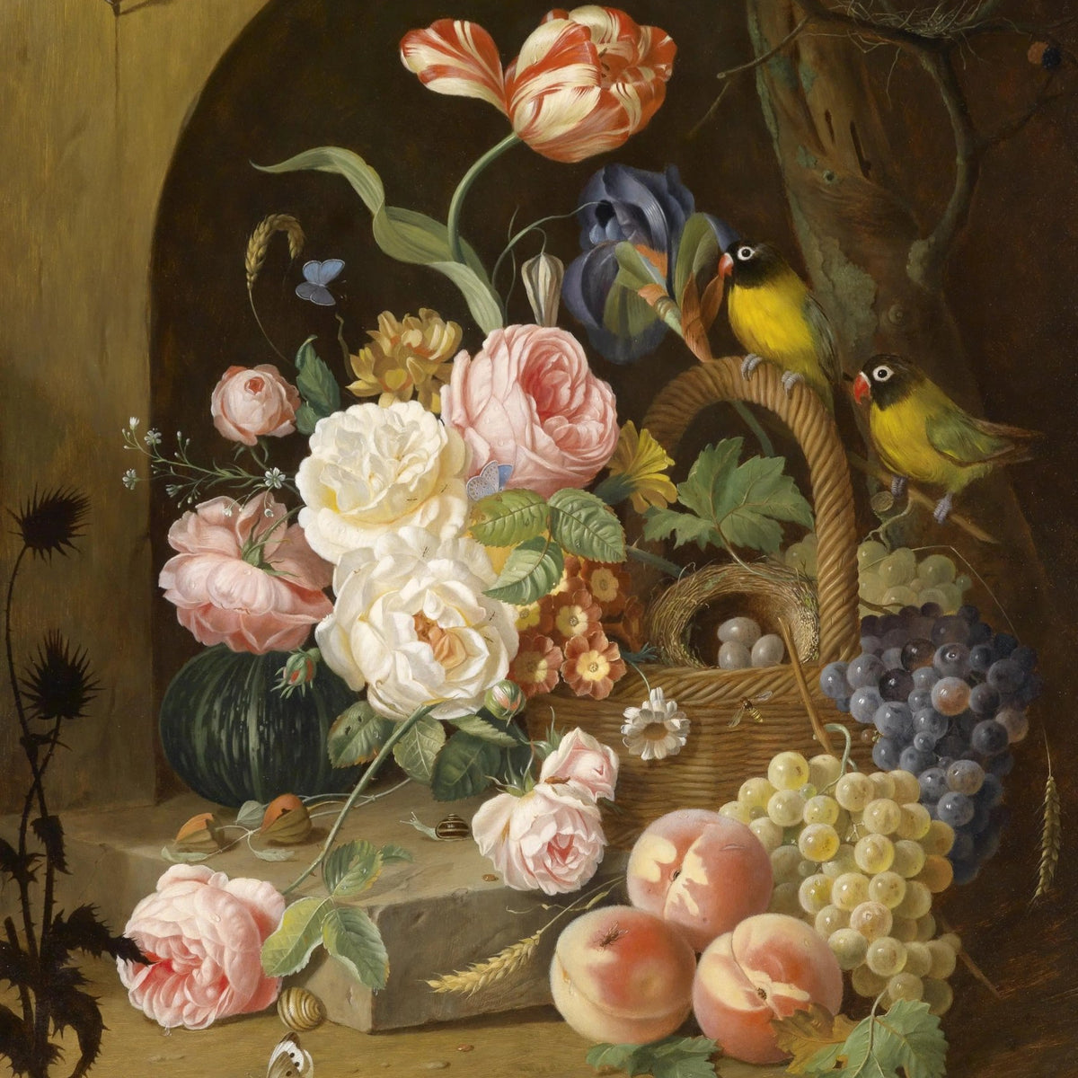 Floral Oil Painting - Bouquet with Birds and Fruits - Oil Painting Haven