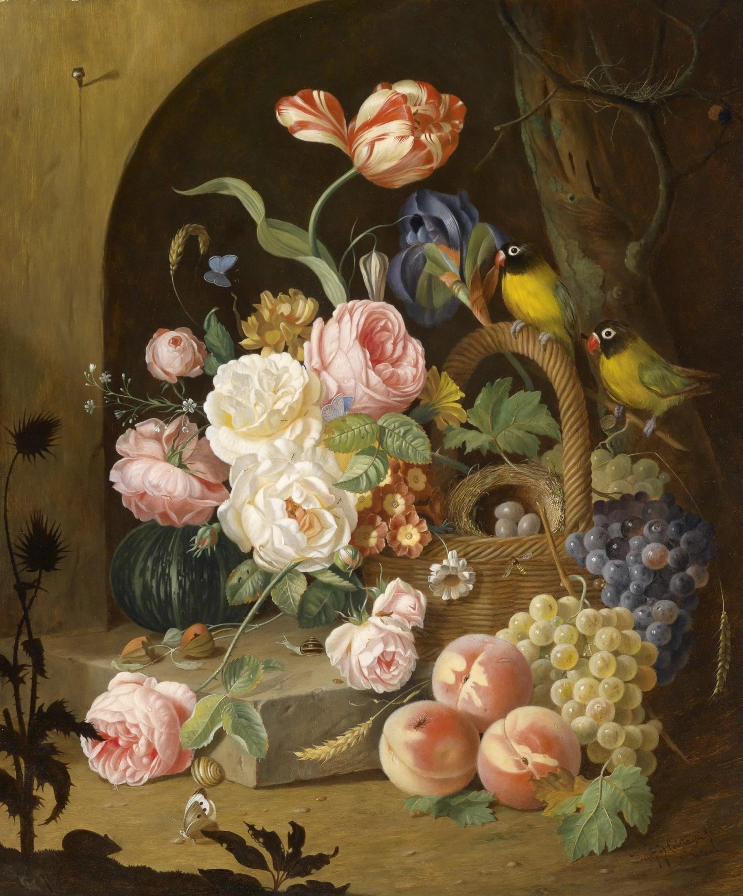 Floral Oil Painting - Bouquet with Birds and Fruits - Oil Painting Haven