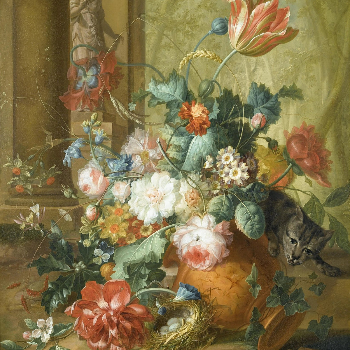 Floral Oil Painting - Bouquet with Cat, Nest and Mouse - Oil Painting Haven