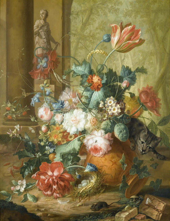 Floral Oil Painting - Bouquet with Cat, Nest and Mouse - Oil Painting Haven