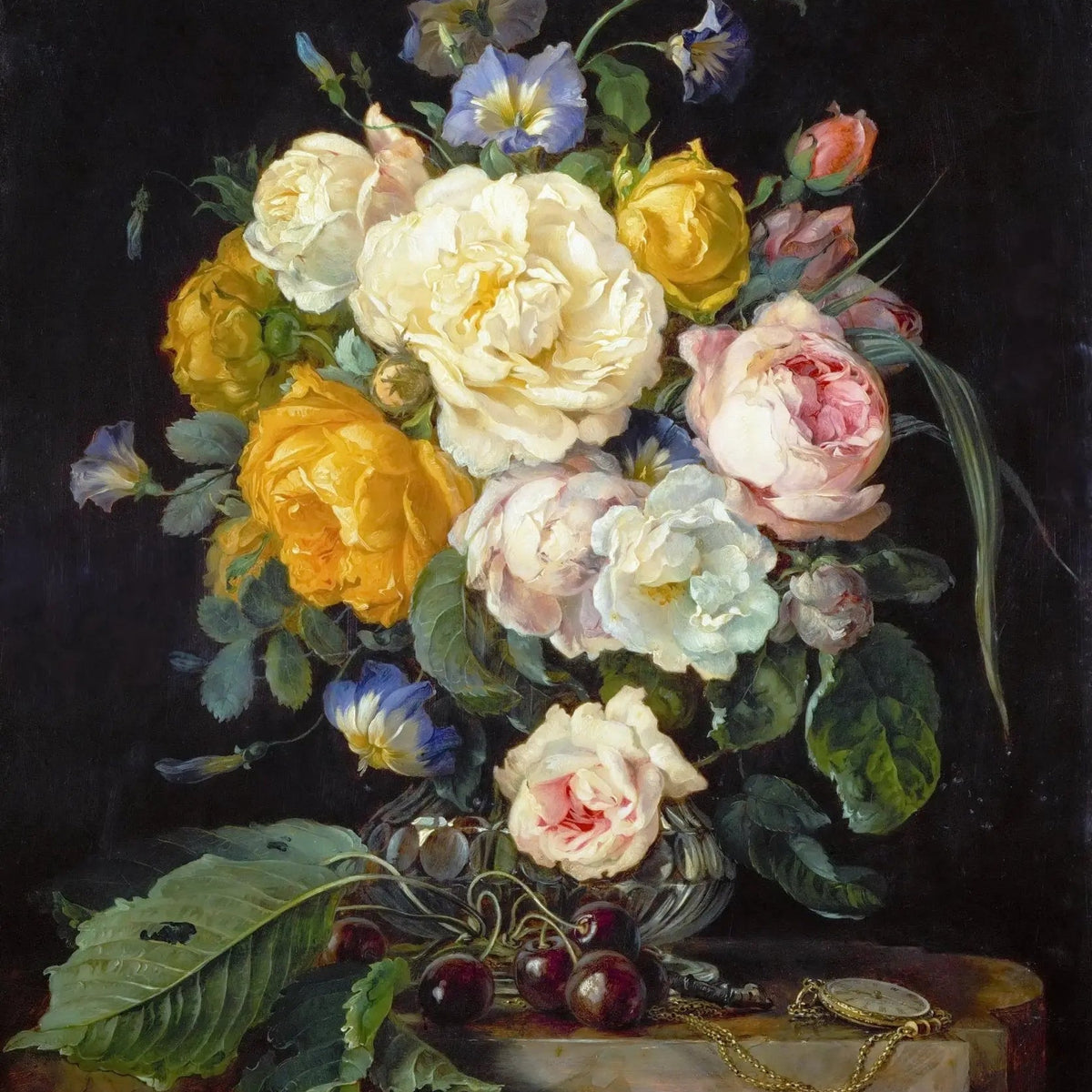 Floral Oil Painting - Bouquet with Cherries and Pocket Watch - Oil Painting Haven