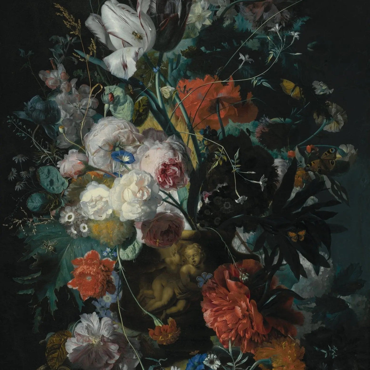 Floral Oil Painting - Bouquet with Cherubs and Insects - Oil Painting Haven