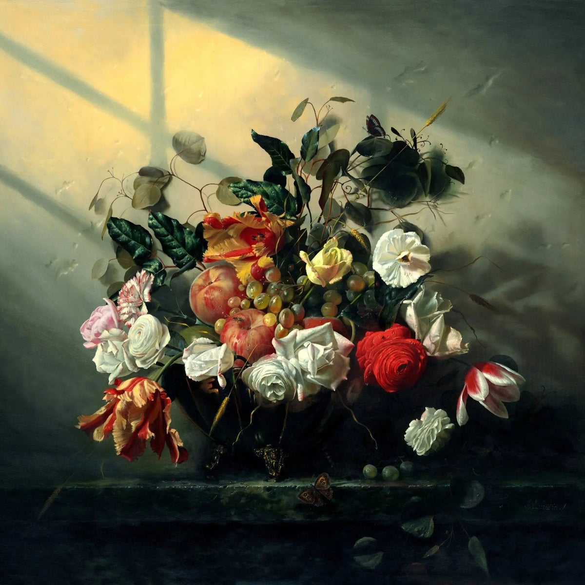 Floral Oil Painting - Bouquet with Fruits and Butterflies - Oil Painting Haven