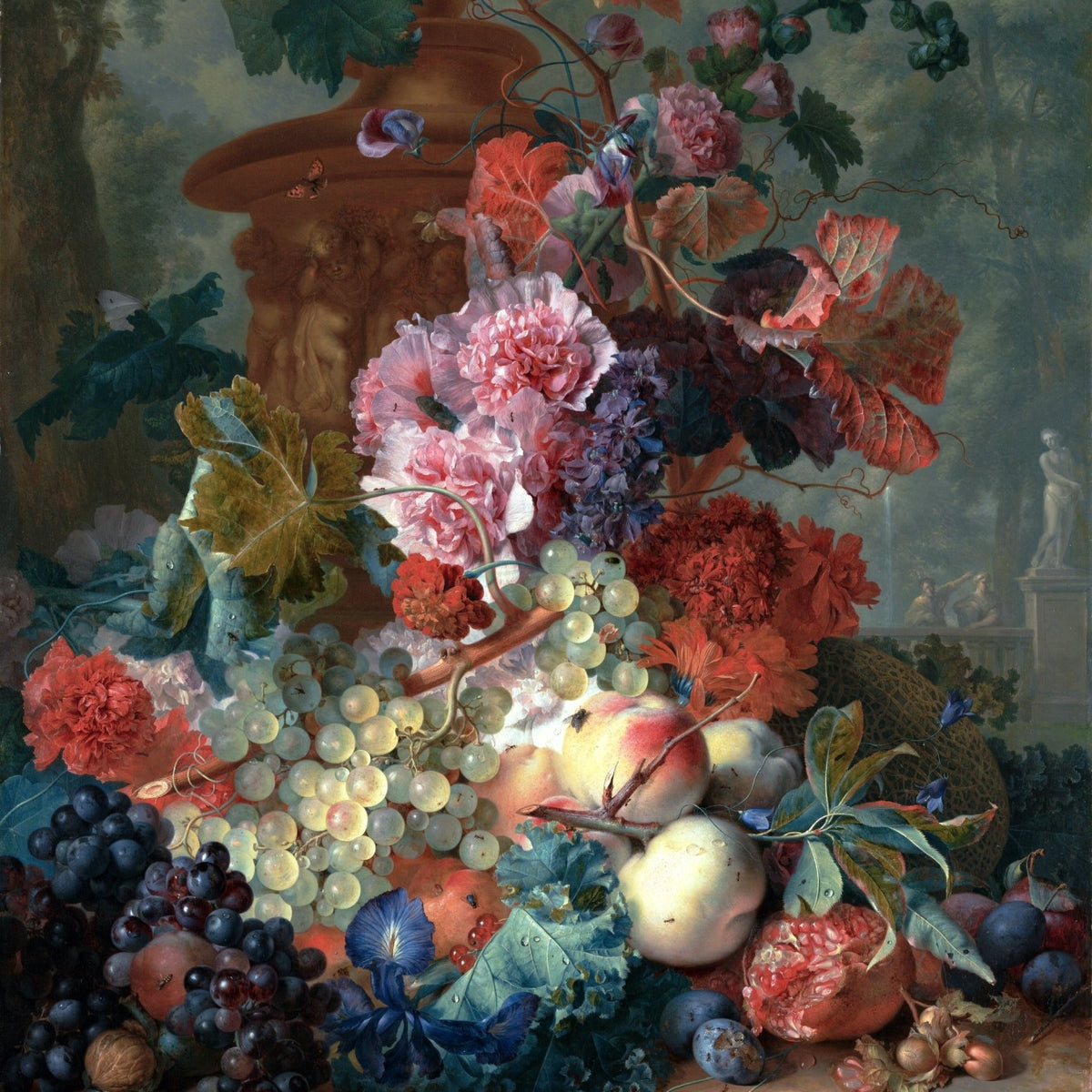Floral Oil Painting - Bouquet with Fruits and Garden Scene
