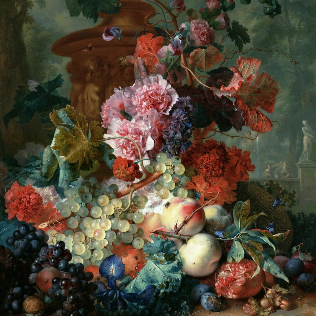 Floral Oil Painting - Bouquet with Fruits and Garden Scene - Oil Painting Haven