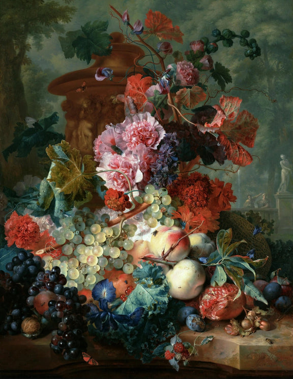 Floral Oil Painting - Bouquet with Fruits and Garden Scene - Oil Painting Haven
