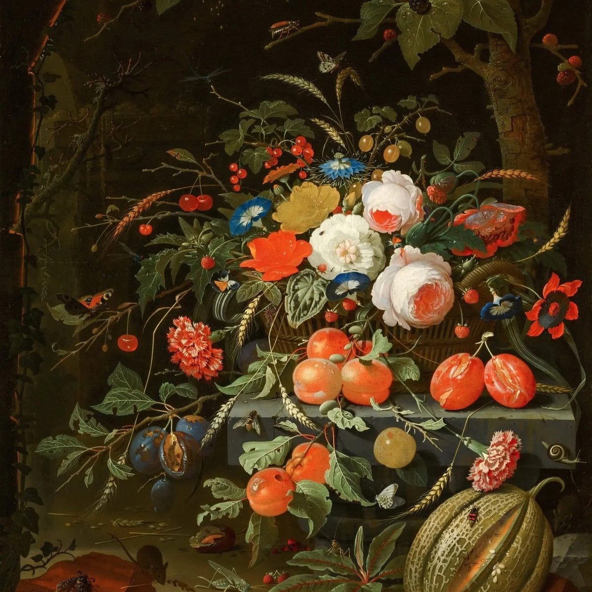Floral Oil Painting - Bouquet with Fruits and Insects - Oil Painting Haven