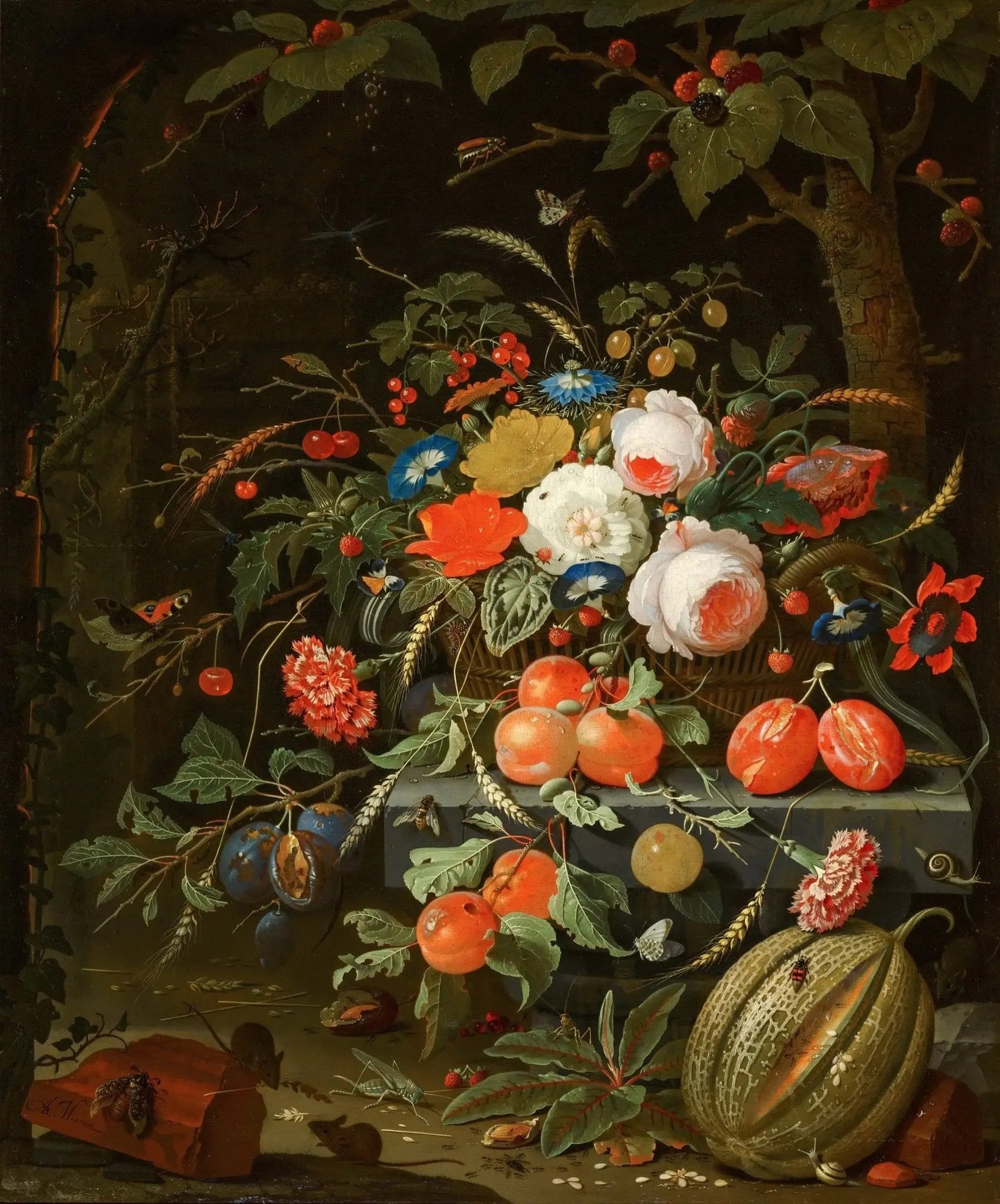 Floral Oil Painting - Bouquet with Fruits and Insects - Oil Painting Haven