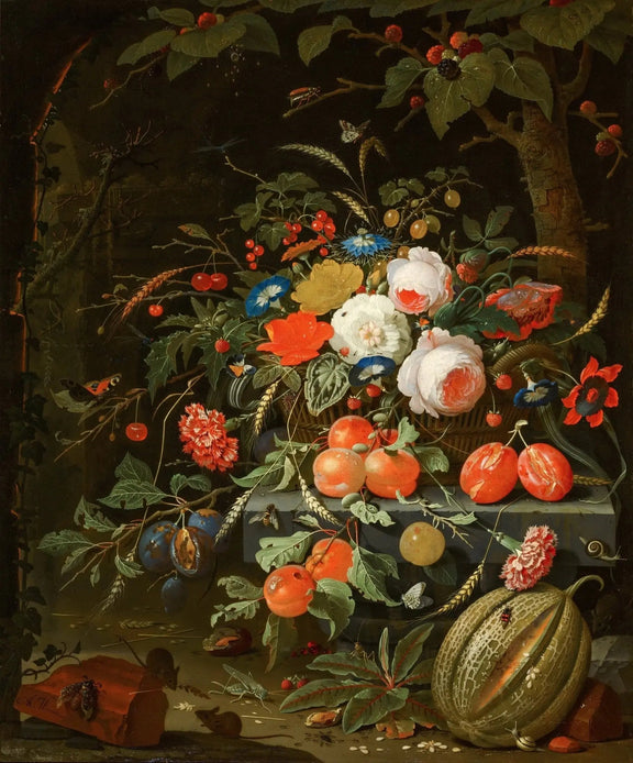 Floral Oil Painting - Bouquet with Fruits and Insects - Oil Painting Haven
